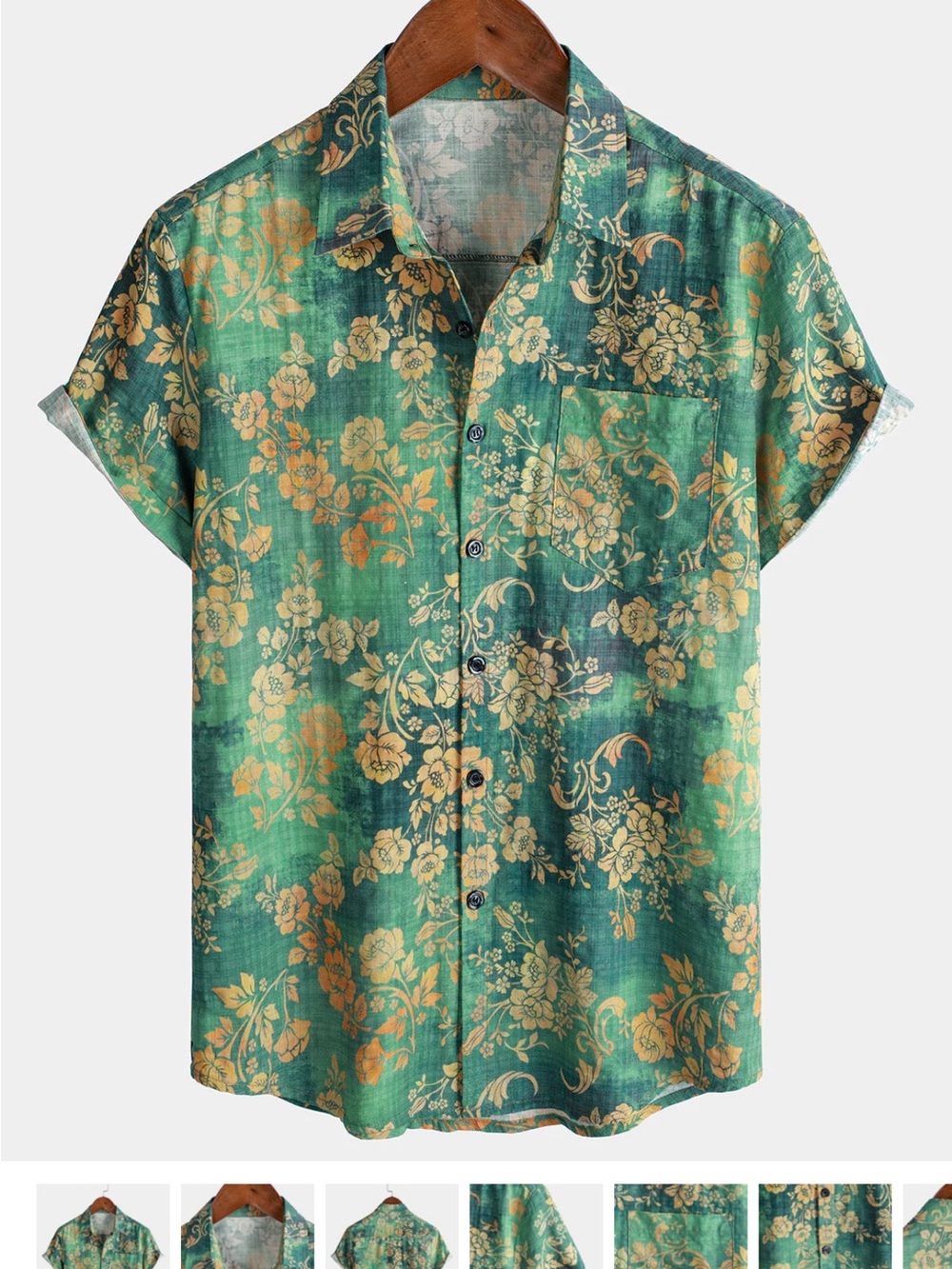 Men's Green Floral Hawaiian Short-Sleeve Button-Down Shirt with Chest Pocket